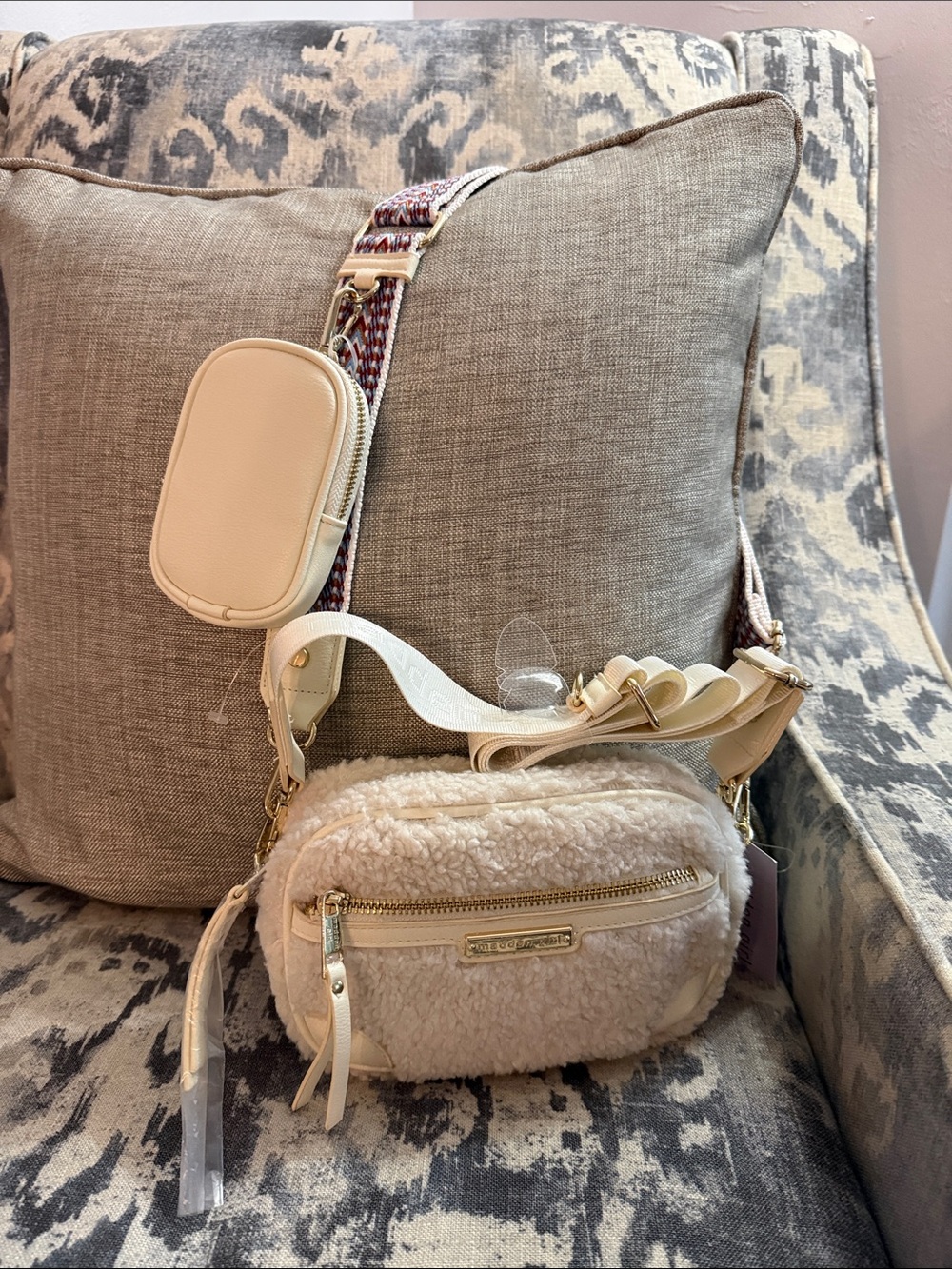 Cream Sherpa Crossbody Bag with Detachable Strap by madden girl